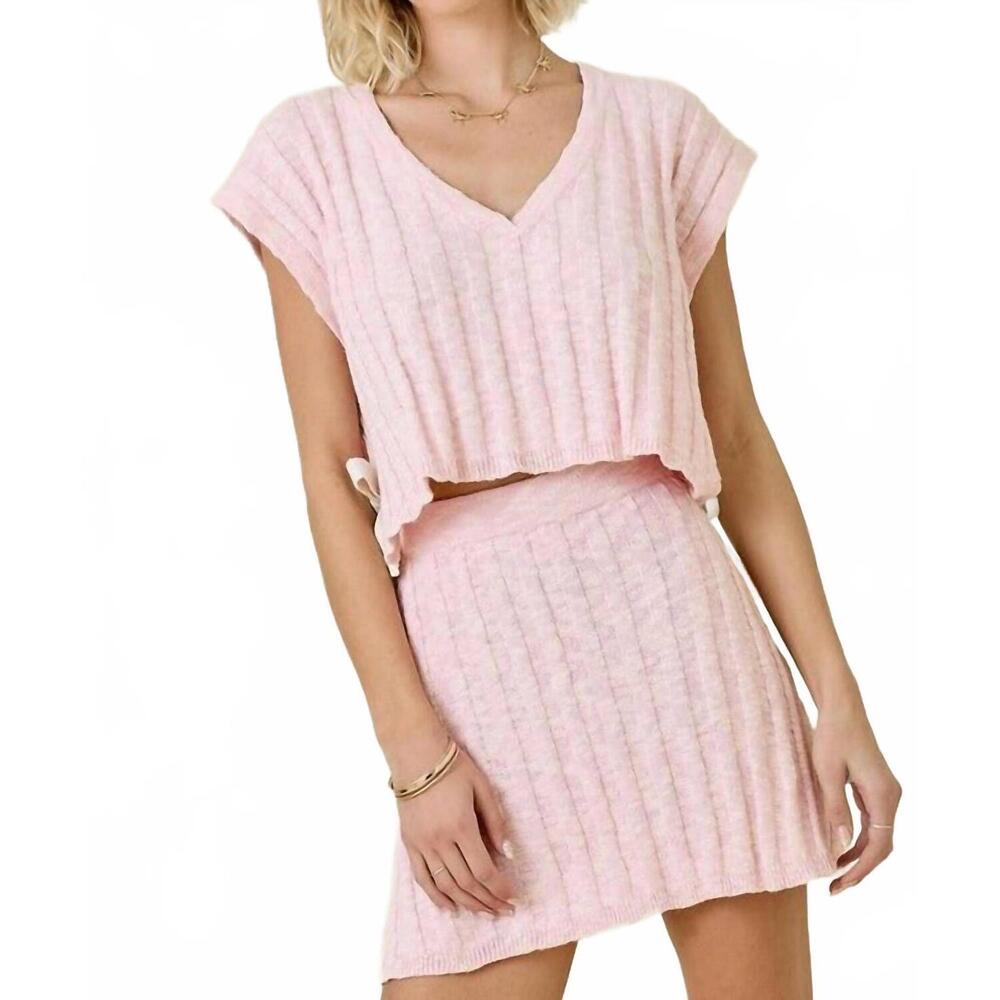 NEW DAY + MOON cap sleeve v-neck sweater skirt set in baby pink